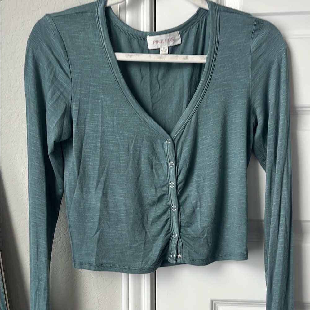 Pink Rose Green Ruched Crop Blouse